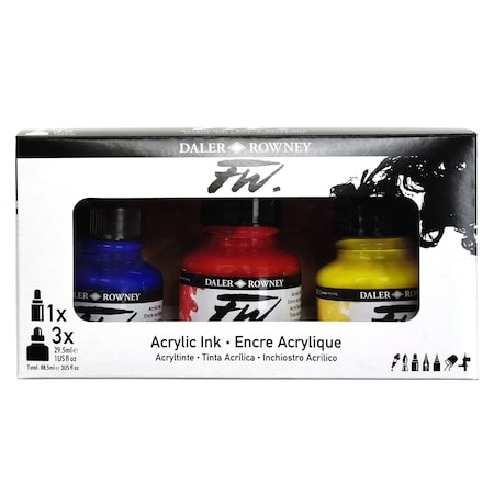 Daler-Rowney FW Acrylic Ink Primary Set with Empty Marker, Assorted Colors, 29.5ml, 3-Piece Set D160100300