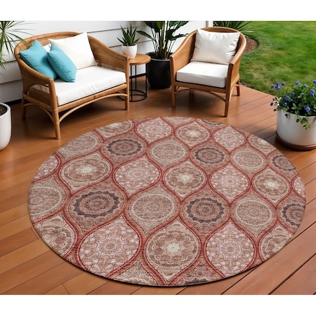 Homeroots 8' Orange Beige And Gray Round Floral Medallion Washable Indoor Outdoor Area Rug 614625
