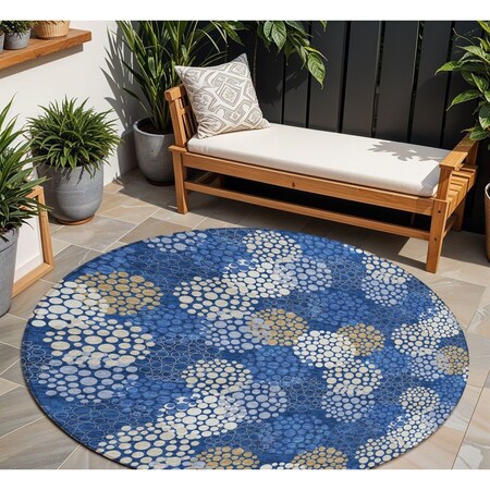 Homeroots 8' Navy Blue Brown And Ivory Round Polka Dot Washable Indoor Outdoor Area Rug 594264