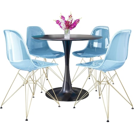 Leisuremod Bristol 5-Piece Modern Dining Set: Round MDF Table & 4 Eiffel Plastic Chairs with Chrome Legs, 5PK BTBL-35BL-CR19TBUG4