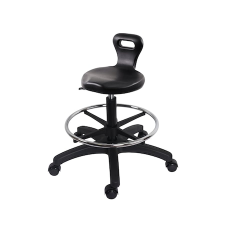 Blue Ridge Ergonomics Polyurethane Serpent Stool-Medium Bench Height with Chrome Foot Ring & Casters in Black Polyurethane PSPMBSL-RG-CF-RC-BLK