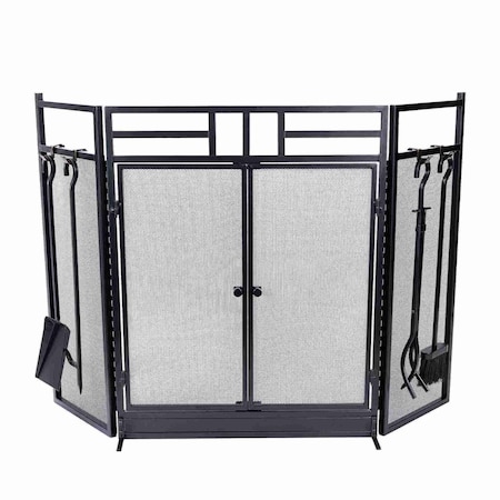 Lavish Home Fireplace Screen 3 Panel Gate with Doors & 4PC Fire Place Tools Set with Poker, Tongs, Brush, Shovel 80-FPTS-12