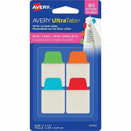 Avery Dennison Avery Ultra Tabs Repositionable Tabs, 1in x 1-1/2in, Primary: Blue, Green, Orange, Red, 80/Pack 74763