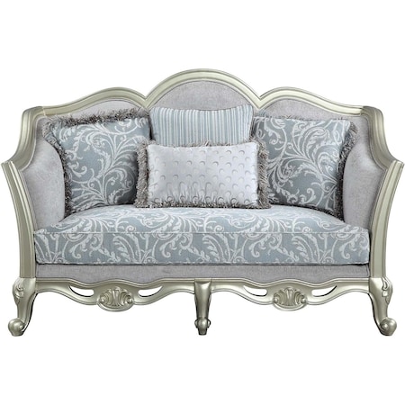 Homeroots 66in Light Gray And Champagne Linen Damask Loveseat and Toss Pillows 515727