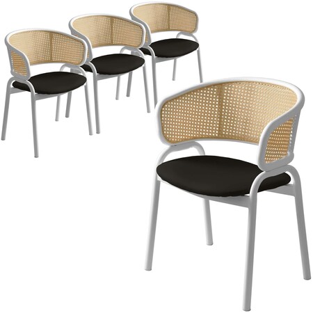 Leisuremod Ervilla Dining Arm Chair with Leather Seat and White Steel Base in Beige, 4PK ECW-20BL-L4