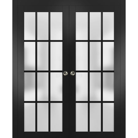 Sartodoors Sliding French Double Pocket Doors Frosted Glass 12 Lites, Felicia 3312 Matte Black, Kit Trims Rai FELICIA3312DP-BLK-7284