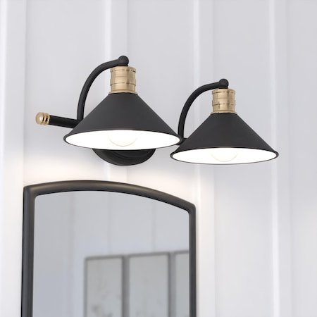 Vaxcel Akron 2 Light Matte Black with Gold Brass Accents Industrial Bathroom Vanity Wall Fixture W0435