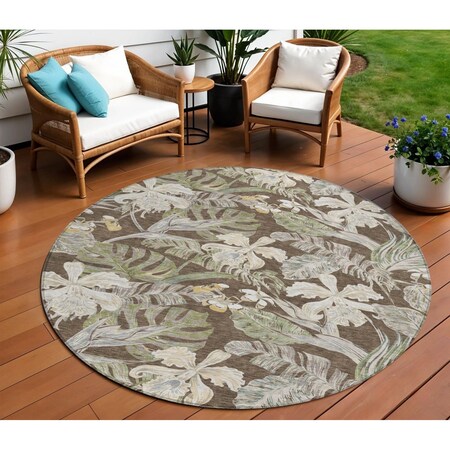 Homeroots 8' Brown Beige And Olive Green Round Botanical Leaves Washable Indoor Outdoor Area Rug 618396