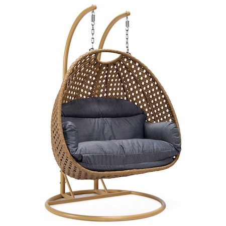 Leisuremod Mendoza Light Brown Wicker Hanging 2 person Egg Swing Chair with Chacoal Cushions MSCLBR-53CBU