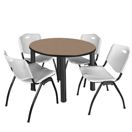 Regency Round Kee Breakroom Table W/ 4 M Stack Chairs, 36 in W, 36 in L, Noble Oak TB36RNDNOBPBK47GY