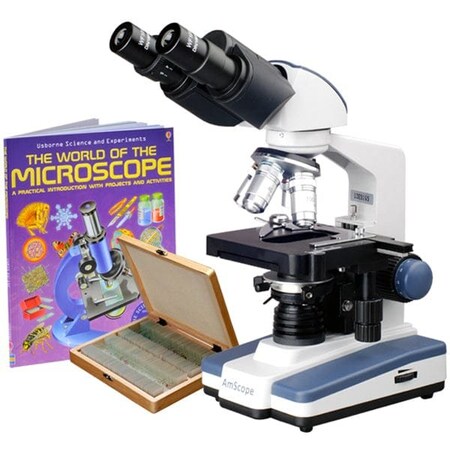 Amscope B120 Binocular Compound Microscope 40X-2500X w/LED, Siedentopf Head, 3D Stage, Book and 100 Prepared S B120C-WM-PS100