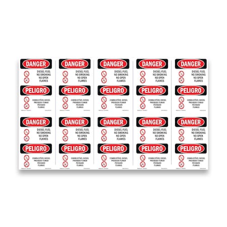 Signmission OSHA Danger, Diesel Fuel No Smoking Bilingual, 5in X 3.5in Decal, 10PK, OS-DS-D-35-VPR-1124-10PK OS-DS-D-35-VPR-1124-10PK
