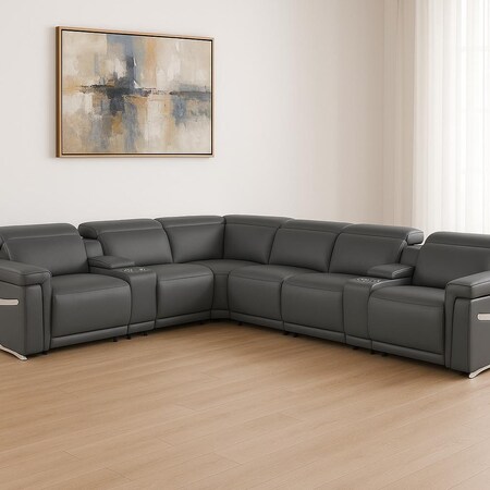 Homeroots Gray Italian Leather Modular L Shaped Eight Piece Corner Sectional With Console 534869