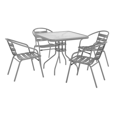 Flash Furniture Lila 31.5in Square Glass Top Metal Table with 4 Silver Aluminum Slat Stack Chairs TLH-0732SQ-017CSV4-GG