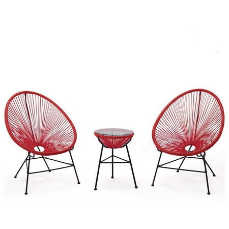 Leisuremod Montara 3 Piece Outdoor Lounge Patio Chair with Glass Top Table, Red MCT29R