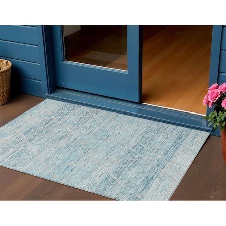 Homeroots 3' X 5' Teal Blue And Ivory Trellis Washable Indoor Outdoor Area Rug 616496