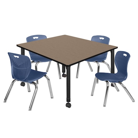 Regency Square Kee Mobile Adjustable Classroom Table W/ 4 Andy Chairs, 48 in W, 48 in L, Noble Oak TB4848NOAPCBK45NV