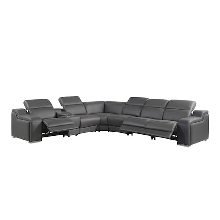 Homeroots Gray Italian Leather Power Reclining Curved Seven Piece Corner Sectional With Console 544983