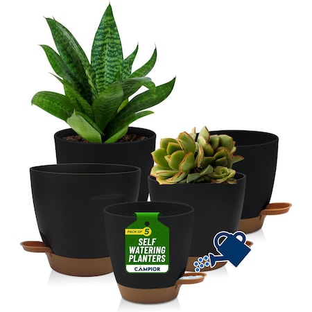Campior Black Self Watering Pots, Indoor and Outdoor Plant Pots with Wick Rope and Drainage Holes, 5PK CAMPPLTBK5