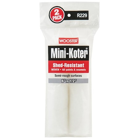 Wooster Mini Roller Cover, 1/2 in Thick Nap, 6 in L, Fabric, 2/PK, 2PK R229-6