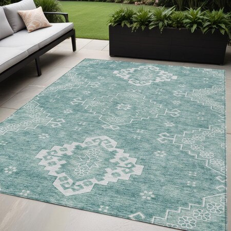 Homeroots 5' X 8' Aqua Teal Blue And Ivory Medallion Washable Indoor Outdoor Area Rug 589027