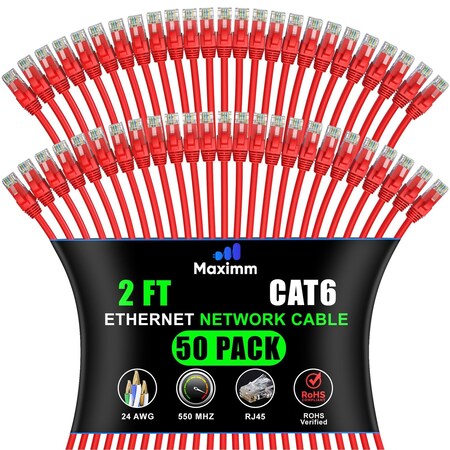 Maximm Cat6 Ethernet Cable 2ft 10Gbps 550MHz UTP, 50PK, Red, 50PK CAT6CCA-2RD-50PK