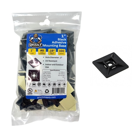 Grizzly Supply Adhesive Cable Tie Mounts, 1 in Sq, Nylon 6/6, .2 in Slot Wd, UV Resistant, Black, 100PK GS-CM100-0C