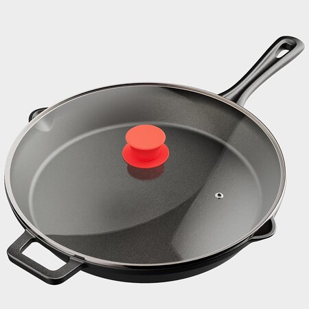 Bakkenmaster Bakken 15.5 in Pre-Seasoned Cast Iron Skillet with Glass Lid & Silicone Handle, Oven Safe BAKCAST222