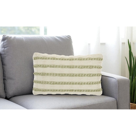 Homeroots 12" X 20" Sage and Ivory Striped Cotton Blend Throw Pillow With Texture 527798