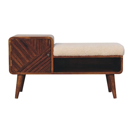 Homeroots 35in Cream and Chestnut Boucle and Solid Wood Upholstered Bench With Cabinet And Shelf 657375