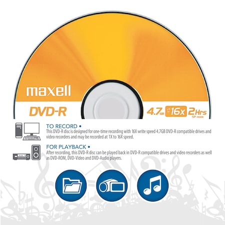 Maxell DVD-R 16X DVD-R WRITE ONCE 4.7GB UP TO 120 MIN RECORDING 5PK JEWEL CASE, 5PK 638002