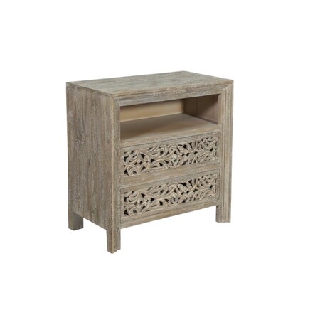 Homeroots 30" Gray Solid Wood Distressed Carved Scrollwork Two Drawer Nightstand 569584