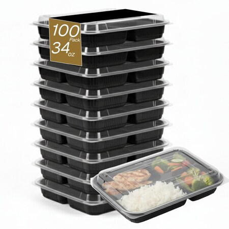 Eco Harmony Products Microwaveable Food Container, Rectangular with Lid, 4 compartments, 34oz, 100PK 804558
