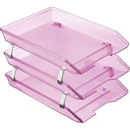 Acrimet Facility 3 Tier Letter Tray Front Load Size Desktop File Organizer Plastic Clear Pink 265.8