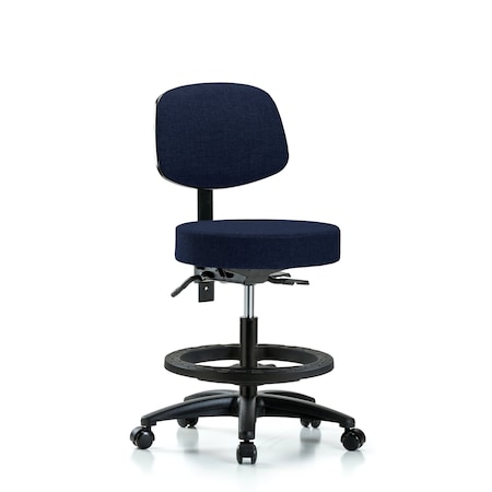 Blue Ridge Ergonomics Bench Stool, Med, Fab, Bk, BF, Casters, Nav BR-FMBST-RG-T0-BF-RC-F45