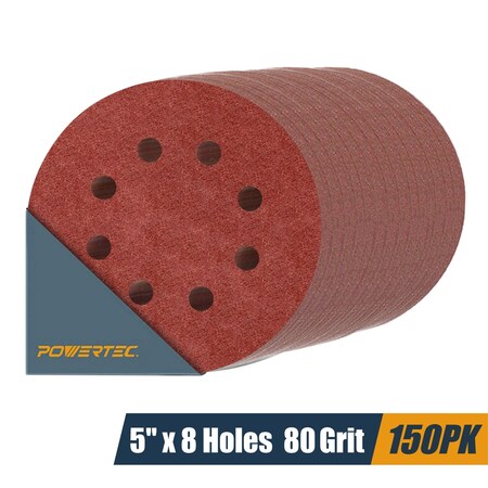 Powertec 5 in. 8 Hole Hook and Loop Sanding Discs, Aluminum Oxide, 80 Grit, 150PK 45008-P6N