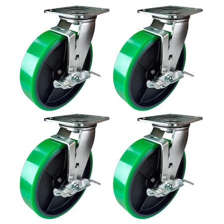 Hyw Products Heavy Duty Caster Set 8in Green Polyurethane on Cast Iron Wheels, 4 Swivel with Brake, 4PK 40-80S-A1-PC-TB-4 (G)