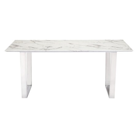 Homeroots 71" White And Silver Marble And Steel Sled Base Dining Table 296147