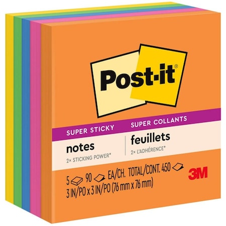 3M Post-It, Pads In Rio De Janeiro Colors, 3 X 3, 90-Sheet Pads, 5PK 6545SSUC