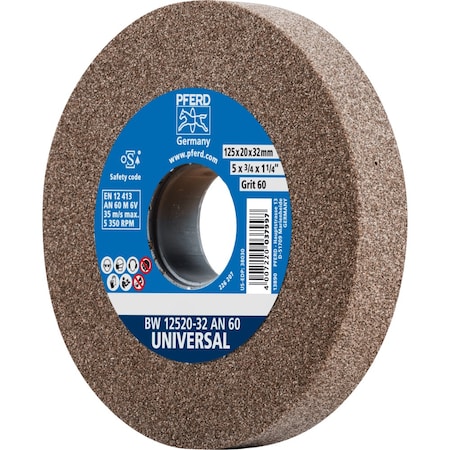 Pferd Vitrified Bench Wheel, UNIVERSAL, 5in x 3/4 x 1-1/4, 60 Grit, Aluminum Oxide 61671