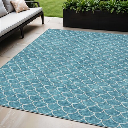 Homeroots 5' X 8' Teal Blue And Ivory Geometric Washable Indoor Outdoor Area Rug 596208