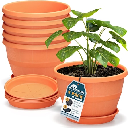 Lifemaster 10-Inch Whiskey Barrel Planters, Durable Plastic Pots with Drainage and Saucer, 5PK LMPBP5PRD5