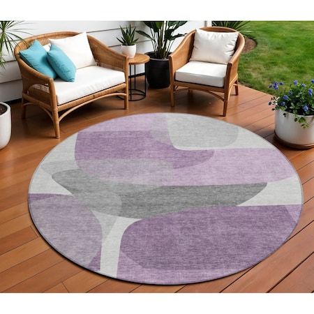 Homeroots 8' Purple And Gray Round Abstract Washable Indoor Outdoor Area Rug 632181