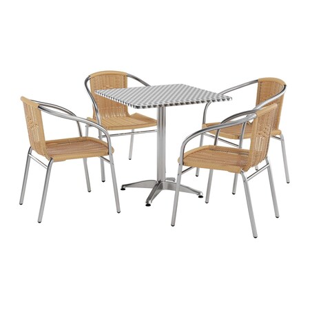 Flash Furniture Square Table Set, Aluminum, Plastic, Rattan, Stainless Steel, Grey TLH-ALUM-28SQ-020BGECHR4-GG