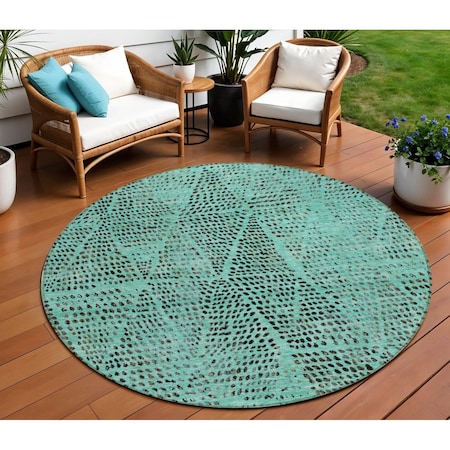 Homeroots 8' Teal Blue And Charcoal Round Geometric Washable Indoor Outdoor Area Rug 577603