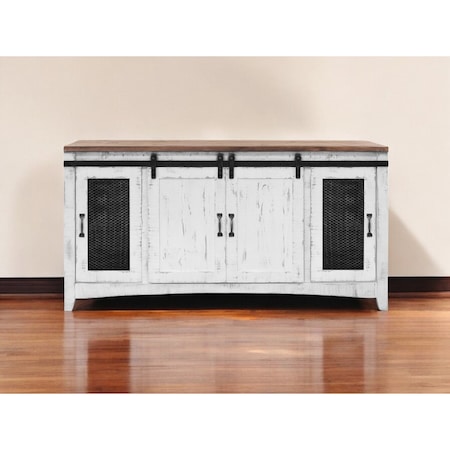 Homeroots 68" White Solid Wood Cabinet Enclosed Storage Distressed TV Stand 528704