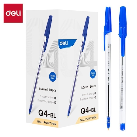 Deli Capped Ballpoint Pen 1.0mm, Blue Ink, Smooth Low-Viscosity, 50PK EQ4-BL