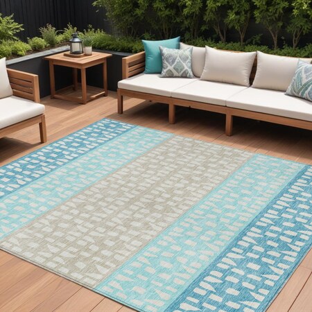 Homeroots 9' X 12' Teal Blue Aqua And Ivory Geometric Washable Indoor Outdoor Area Rug 613877