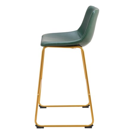 Homeroots Set of Two 29" Green And Gold Faux Leather And Steel Bar Height Bar Chairs 555753