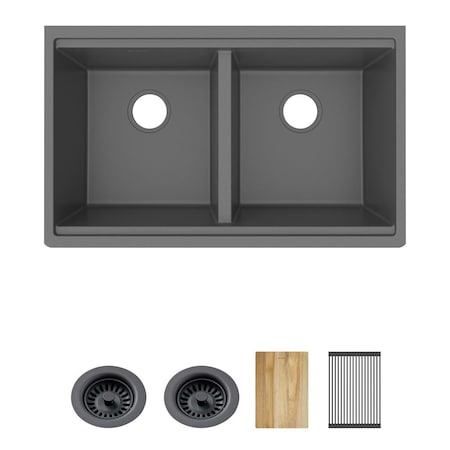Elkay Quartz Classic 33" x 22" x 9-1/2" Equal Double Bowl Undermount Workstation Sink 4pc Kit Graphite ELGU3322WOGT0
